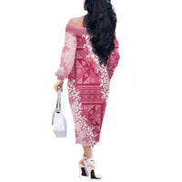 Bula Fiji Plumeria Tagimoucia Salusalu Pink Off The Shoulder Long Sleeve Dress Kaiviti Masi - Polynesian Pride