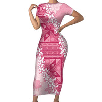 Bula Fiji Plumeria Tagimoucia Salusalu Pink Short Sleeve Bodycon Dress Kaiviti Masi - Polynesian Pride