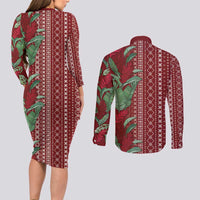 Women's Day Samoa Malu Tattoo Inspired Mix Teuila Couples Matching Long Sleeve Bodycon Dress and Long Sleeve Button Shirt Scarlet