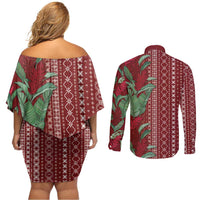Women's Day Samoa Malu Tattoo Inspired Mix Teuila Couples Matching Off Shoulder Short Dress and Long Sleeve Button Shirt Scarlet