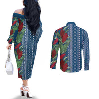 Women's Day Samoa Malu Tattoo Inspired Mix Teuila Couples Matching Off The Shoulder Long Sleeve Dress and Long Sleeve Button Shirt Royal Blue