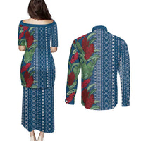Women's Day Samoa Malu Tattoo Inspired Mix Teuila Couples Matching Puletasi and Long Sleeve Button Shirt Royal Blue
