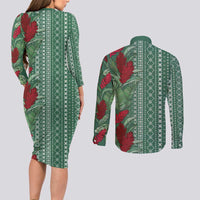 Women's Day Samoa Malu Tattoo Inspired Mix Teuila Couples Matching Long Sleeve Bodycon Dress and Long Sleeve Button Shirt Sage Green