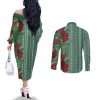 Women's Day Samoa Malu Tattoo Inspired Mix Teuila Couples Matching Off The Shoulder Long Sleeve Dress and Long Sleeve Button Shirt Sage Green