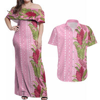 Women's Day Samoa Malu Tattoo Inspired Mix Teuila Couples Matching Off Shoulder Maxi Dress and Hawaiian Shirt Rose Pink