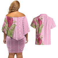 Women's Day Samoa Malu Tattoo Inspired Mix Teuila Couples Matching Off Shoulder Short Dress and Hawaiian Shirt Rose Pink