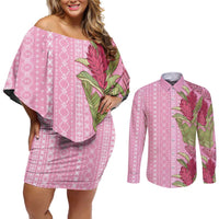 Women's Day Samoa Malu Tattoo Inspired Mix Teuila Couples Matching Off Shoulder Short Dress and Long Sleeve Button Shirt Rose Pink