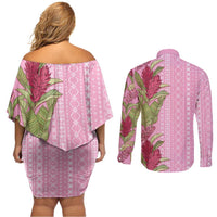 Women's Day Samoa Malu Tattoo Inspired Mix Teuila Couples Matching Off Shoulder Short Dress and Long Sleeve Button Shirt Rose Pink