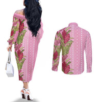 Women's Day Samoa Malu Tattoo Inspired Mix Teuila Couples Matching Off The Shoulder Long Sleeve Dress and Long Sleeve Button Shirt Rose Pink