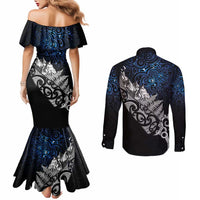 Maori Matariki Couples Matching Mermaid Dress and Long Sleeve Button Shirt Landscape Styled Fern - Galaxy