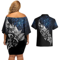 Maori Matariki Couples Matching Off Shoulder Short Dress and Hawaiian Shirt Landscape Styled Fern - Galaxy