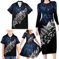 Maori Matariki Family Matching Long Sleeve Bodycon Dress and Hawaiian Shirt Landscape Styled Fern - Galaxy