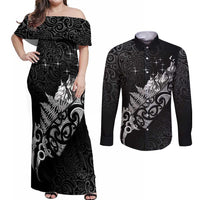 Maori Matariki Couples Matching Off Shoulder Maxi Dress and Long Sleeve Button Shirt Landscape Styled Fern - Monochrome