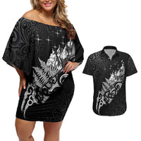 Maori Matariki Couples Matching Off Shoulder Short Dress and Hawaiian Shirt Landscape Styled Fern - Monochrome