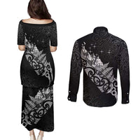 Maori Matariki Couples Matching Puletasi and Long Sleeve Button Shirt Landscape Styled Fern - Monochrome