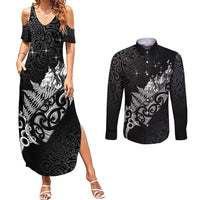 Maori Matariki Couples Matching Summer Maxi Dress and Long Sleeve Button Shirt Landscape Styled Fern - Monochrome