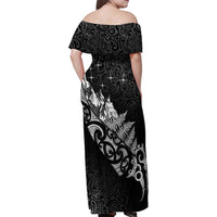 Maori Matariki Family Matching Off Shoulder Maxi Dress and Hawaiian Shirt Landscape Styled Fern - Monochrome