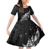 Maori Matariki Family Matching Off Shoulder Short Dress and Hawaiian Shirt Landscape Styled Fern - Monochrome