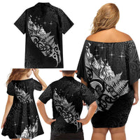 Maori Matariki Family Matching Off Shoulder Short Dress and Hawaiian Shirt Landscape Styled Fern - Monochrome