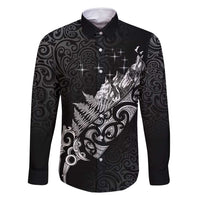 Maori Matariki Family Matching Summer Maxi Dress and Hawaiian Shirt Landscape Styled Fern - Monochrome LT7 Dad's Shirt - Long Sleeve Black - Polynesian Pride