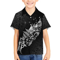Maori Matariki Family Matching Summer Maxi Dress and Hawaiian Shirt Landscape Styled Fern - Monochrome LT7 Son's Shirt Black - Polynesian Pride