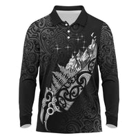 Maori Matariki Long Sleeve Polo Shirt Landscape Styled Fern - Monochrome
