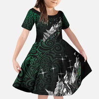 Maori Matariki Family Matching Off The Shoulder Long Sleeve Dress and Hawaiian Shirt Landscape Styled Fern - Paua Shell LT7 Daughter's Dress Green - Polynesian Pride