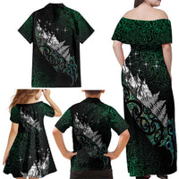 Maori Matariki Family Matching Off Shoulder Maxi Dress and Hawaiian Shirt Landscape Styled Fern - Paua Shell
