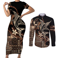 Samoa Manuia le Aso Tuto'atasi Couples Matching Short Sleeve Bodycon Dress and Long Sleeve Button Shirt Siapo Mamanu Mix Tatau Marlin