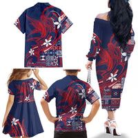 Samoa Manuia le Aso Tuto'atasi Family Matching Off The Shoulder Long Sleeve Dress and Hawaiian Shirt Siapo Mamanu Mix Tatau Marlin - Flag Color