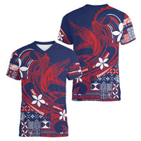 Samoa Manuia le Aso Tuto'atasi Women V-Neck T-Shirt Siapo Mamanu Mix Tatau Marlin - Flag Color