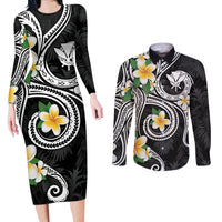 Kanaka Maoli Hawaii Plumeria Couples Matching Long Sleeve Bodycon Dress and Long Sleeve Button Shirt Dancing Tentacles Black Style
