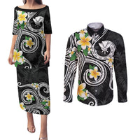 Kanaka Maoli Hawaii Plumeria Couples Matching Puletasi and Long Sleeve Button Shirt Dancing Tentacles Black Style