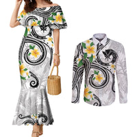 Kanaka Maoli Hawaii Plumeria Couples Matching Mermaid Dress and Long Sleeve Button Shirt Dancing Tentacles White Style LT7 White - Polynesian Pride