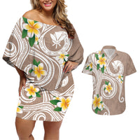 Kanaka Maoli Hawaii Plumeria Couples Matching Off Shoulder Short Dress and Hawaiian Shirt Dancing Tentacles Beige Style