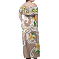Kanaka Maoli Hawaii Plumeria Off Shoulder Maxi Dress Dancing Tentacles Beige Style
