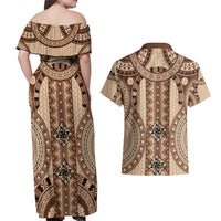 Bula Fiji Vintage Couples Matching Off Shoulder Maxi Dress and Hawaiian Shirt Brown Masi Motifs
