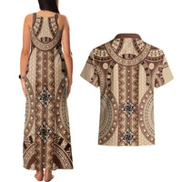 Bula Fiji Vintage Couples Matching Tank Maxi Dress and Hawaiian Shirt Brown Masi Motifs