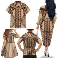 Bula Fiji Vintage Family Matching Off The Shoulder Long Sleeve Dress and Hawaiian Shirt Brown Masi Motifs