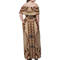 Bula Fiji Vintage Family Matching Off Shoulder Maxi Dress and Hawaiian Shirt Brown Masi Motifs