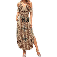 Bula Fiji Vintage Family Matching Summer Maxi Dress and Hawaiian Shirt Brown Masi Motifs