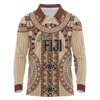 Bula Fiji Vintage Long Sleeve Polo Shirt Brown Masi Motifs LT7 Brown - Polynesian Pride
