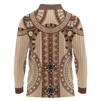 Bula Fiji Vintage Long Sleeve Polo Shirt Brown Masi Motifs LT7 - Polynesian Pride
