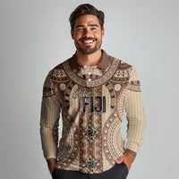 Bula Fiji Vintage Long Sleeve Polo Shirt Brown Masi Motifs LT7 - Polynesian Pride