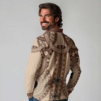 Bula Fiji Vintage Long Sleeve Polo Shirt Brown Masi Motifs LT7 - Polynesian Pride