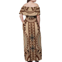 Bula Fiji Vintage Off Shoulder Maxi Dress Brown Masi Motifs