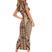 Bula Fiji Vintage Short Sleeve Bodycon Dress Brown Masi Motifs