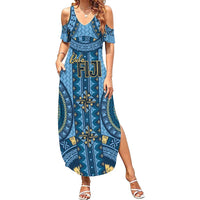 Bula Fiji Vintage Family Matching Summer Maxi Dress and Hawaiian Shirt Prussian Blue Masi Motifs