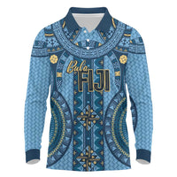 Bula Fiji Vintage Long Sleeve Polo Shirt Prussian Blue Masi Motifs LT7 Prussian Blue - Polynesian Pride