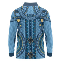 Bula Fiji Vintage Long Sleeve Polo Shirt Prussian Blue Masi Motifs LT7 - Polynesian Pride